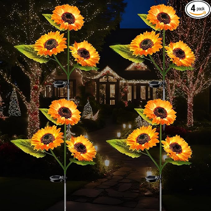 4-Pack Solar Powered Sunflower Garden Lights, LED Outdoor Decor Solar Light Flowers for Yard Patio Ground Lawn Landscape, Decorative Artificial Flower Bright Night Outside
