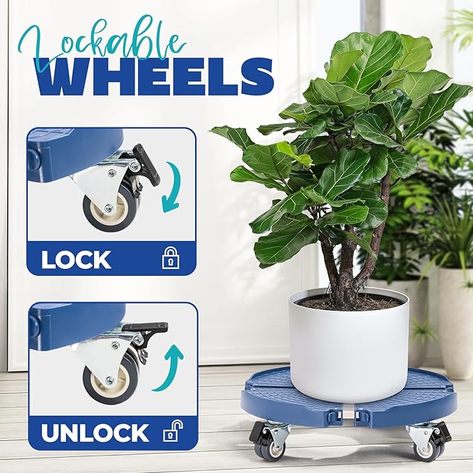 Idzo Heavy Duty Trolley Large Plant Pots Planters Caddies with Wheels 440lbs Capacity, Plant Stand Adjustable 15-21 in, Blue