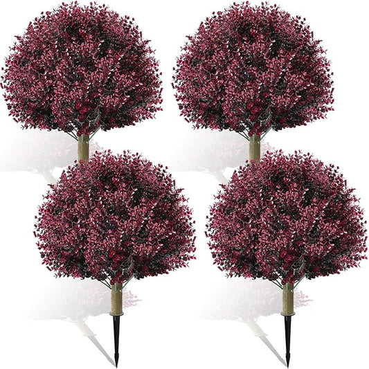 Yunlly 4 Pcs 18 Inch Artificial Boxwood Ball Topiary Tree Fake Outdoor Plants Bush, UV Resistance Faux Shrub with Spike Realistic Greenery Potted for Indoor Garden Yard Porch Patio Decor (Dark Purple)