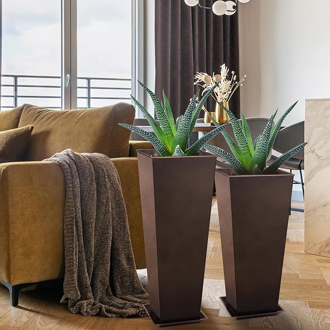 KOL 25'' & 28'' Tall Galvanized Steel Planter with Saucer, Metal Planter Pots for Indoor & Outdoor Use, Decorative Flower Plant Pots with Drainage Hole for Front Porch, Patio, Deck - Rust Color