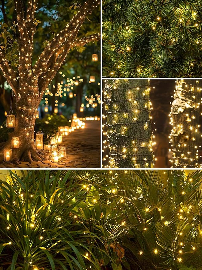 6 Pack 600 LED Solar String Lights for Outside, Solar Christmas Lights Outdoor Waterproof, Green Wire Twinkle Light with 8 Lighting Modes for Xmas Tree Wedding Party Garden Decorations (Warm White)