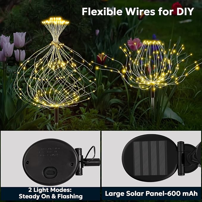 Solar Outdoor Lights Outdoor Waterproof 200 LED Firework Light Solar Powered Sparkles Landscape Fairy Light Outside Decorations Lights for Yard Patio Pathway Lawn Party Decoration, 8 Pack