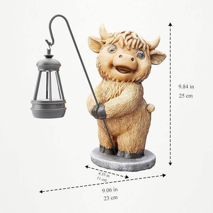 Highland Cow Statues with Solar Lights, Highland Cow Resin Figurine Lights, Highland Cow Ornaments for Patio, Balcony, Indoor Decoration and as Gifts