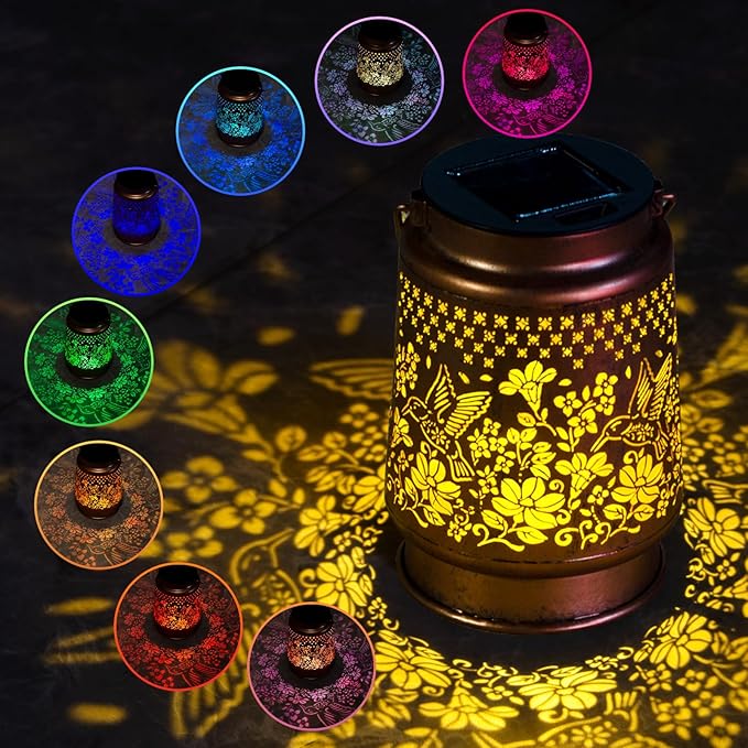 kyoryuger Hummingbird Solar Lanterns Color Changing Lantern Outdoor Decor Waterproof Retro Solar Lights Gifts for Women Mom Metal Bird Decorative LED Lanterns for Yard Patio Pathway Landscape Garden