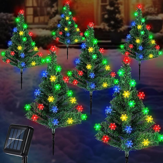 Retisee 6 Pack Solar Christmas Tree Pathway Lights Decorations Outdoor LED Snowflake Lights 8 Modes Prelit Small Christmas Tree Waterproof Solar Stake Lights for Garden, Yard, Lawn, Cemetery