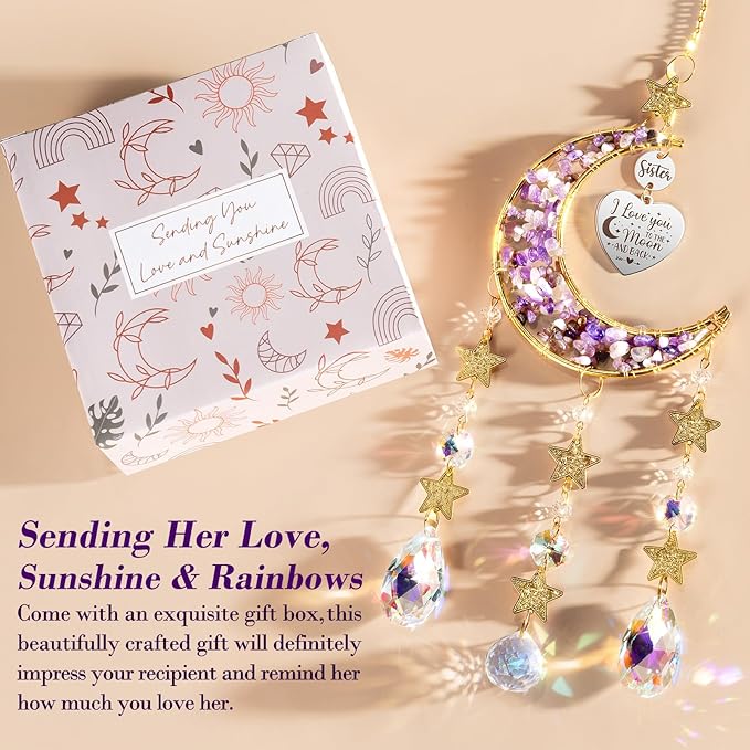 Sisters Gifts from Sister for Sister from Brother, Best Sister Gifts Unique Sister Birthday Gifts for Sister in Law Soul Sister, Moon Crystal Suncatcher for Window Hanging Decor