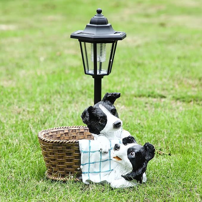 Solar Garden Outdoor Decor Statues Border Collies Resting in Basket with Light,Outside-Outdoor Decorations Sculptures for Patio Yard Lawn Walkway Ornaments Clearance Gifts for Mom Grandma Birthday