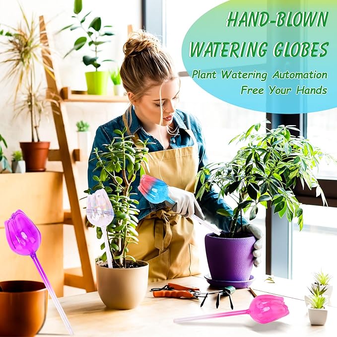 Plant Watering Globes Tulips, 4 Pcs Glass Self Watering Globes, Self Watering Planter Insert with Watering Spikes ,Automatic Plant Watering Devices,Large Watering Bulbs for Indoor & Outdoor Plants
