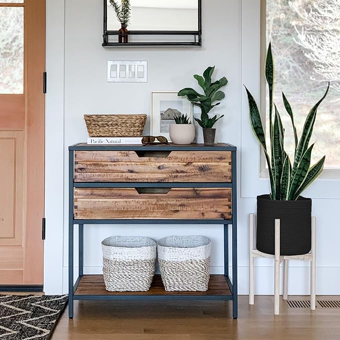 Cotton Rope Plant Basket, Woven Basket Planter for 10 inch Pot, Round Indoor Tree Pot Cover, Small Storage Bin Organizer, Modern Basket for Plants and Home Decor, 11”X11”, Black