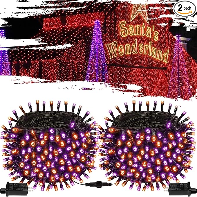 Purple and Orange Halloween Lights 2pack 164ft 400 Led Extendable Waterproof 8 Modes, Bright Indoor/Outdoor String Lights, Halloween Decorations for Party, Tree, Festivals, Patio, Garden Decor