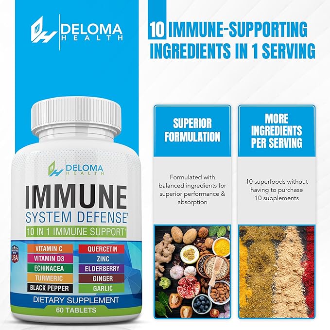 10 in 1 Immune System Support Supplement (1000 mg), D3 (5000iu), (5000iu), Zinc (40 mg),