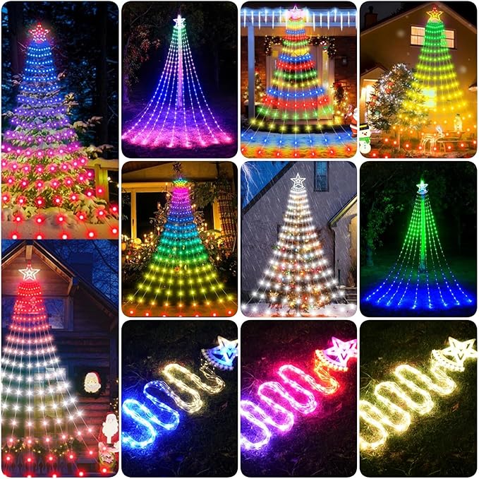 Outdoor Christmas Decorations Star String Light with Remote APP Control 10FT 305LED Waterfall Christmas Tree Light RGB Color Changing Waterproof Hanging Twinkle Fairy Light 210 Mode Timer Music Sync