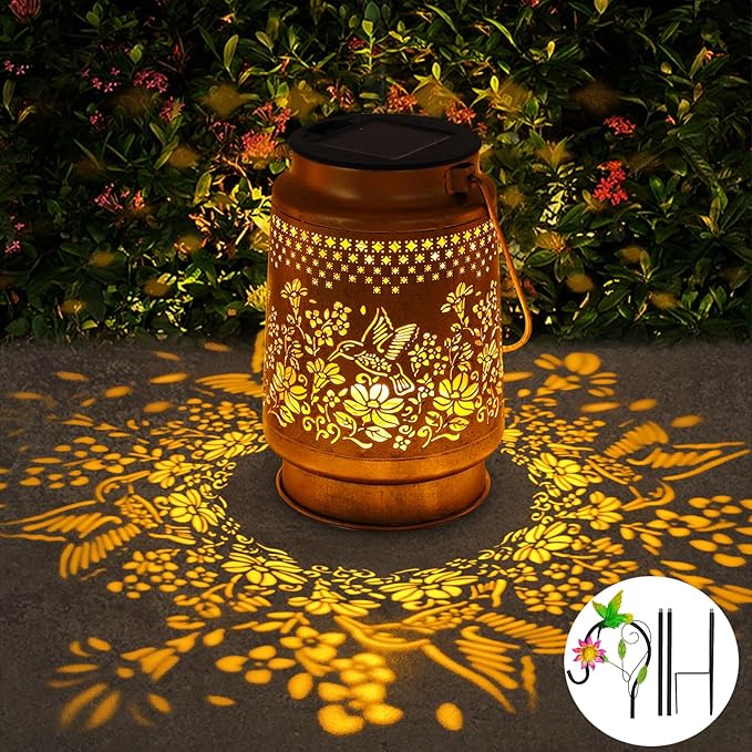 Solar Lanterns Outdoor Hummingbird Garden Decor, Birthday Gifts for Women Mom Grandma Metal Hanging Lantern Lights Waterproof Solar Lights with Shepherd Hook LED Decoration for Garden Yard Patio Lawn