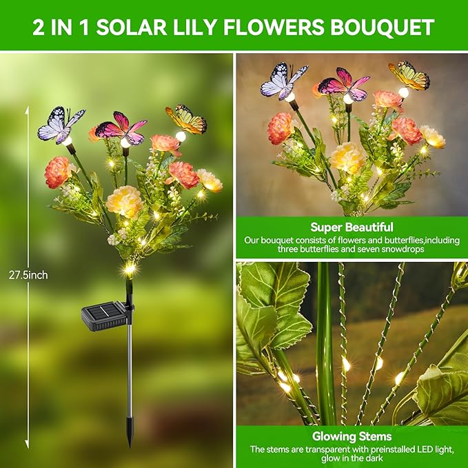 Solar Flowers Lights Outdoor Waterproof, 3 Pack 2 in 1 Solar Butterfly Bouquet for Garden Decor, LED Warm Lighting Garden Lights Outdoor for Pathway Yard Patio Decoration