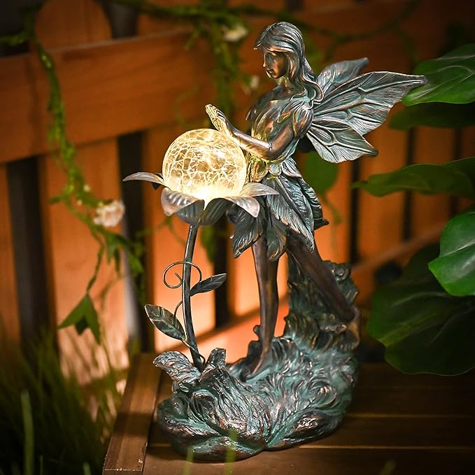 TERESA'S COLLECTIONS Garden Fairy Large Bronze Garden Sculptures & Statues Resin with Solar Outdoor Light, Valentines Decorations Lawn Ornaments for Outdoor Garden Decor, Gifts for Women Mom, 10.6"