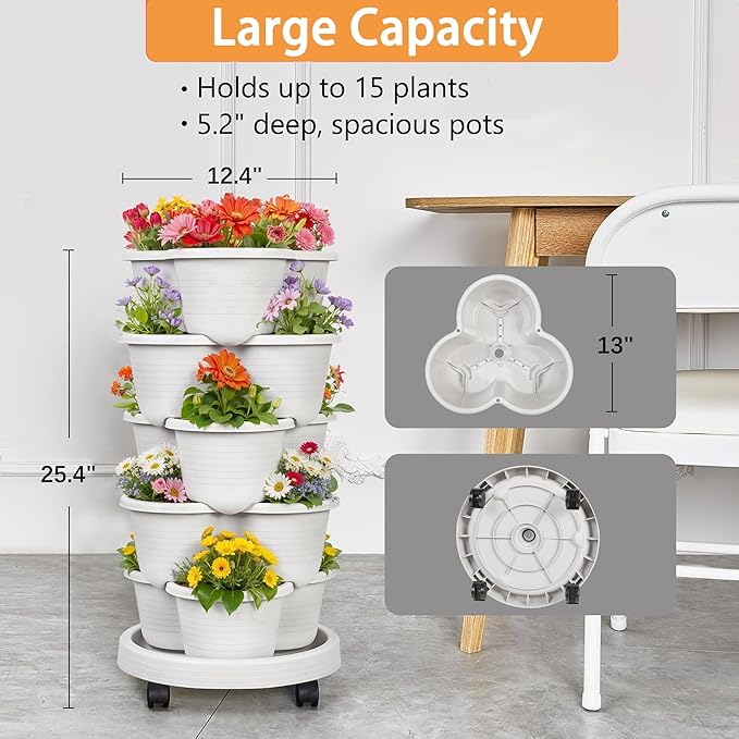 VECELO 5 Tier Vertical Garden Planter, Self Watering Stackable Planters with Wheels for Strawberries, Herbs, Flowers, Vegetables, Gray