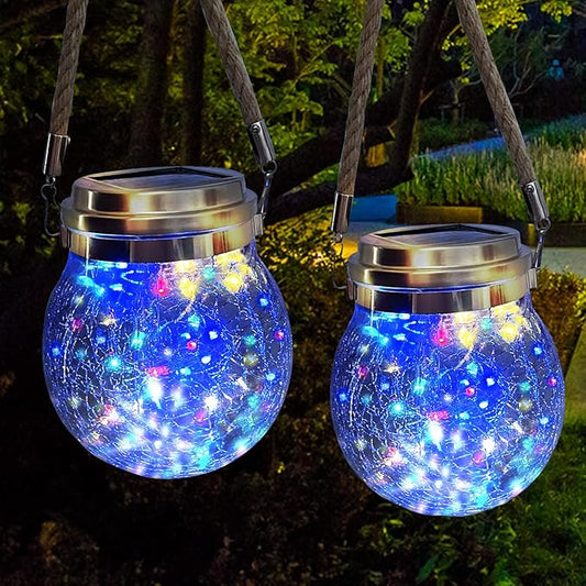Outdoor Hanging Solar Lights,2 Pack 30 LED Solar Cracked Glass Ball Lanterns with Handle,Waterproof Solar Decorative Lights for Garden Patio Yard Christmas Wedding Party Decor(Colorful)