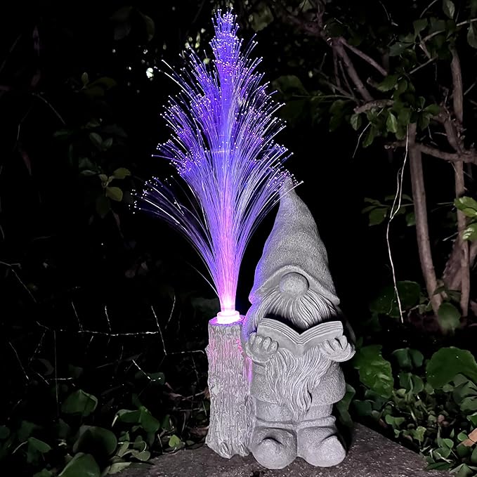 Gnomes Statue Solar Garden Decor,Resin Gnome Statues and Colour Changing Optical Fiber Solar Lights,Outdoor Decoration for Balcony, Garden, Patio, Yard, Lawn, Gifts for Mom Grandma