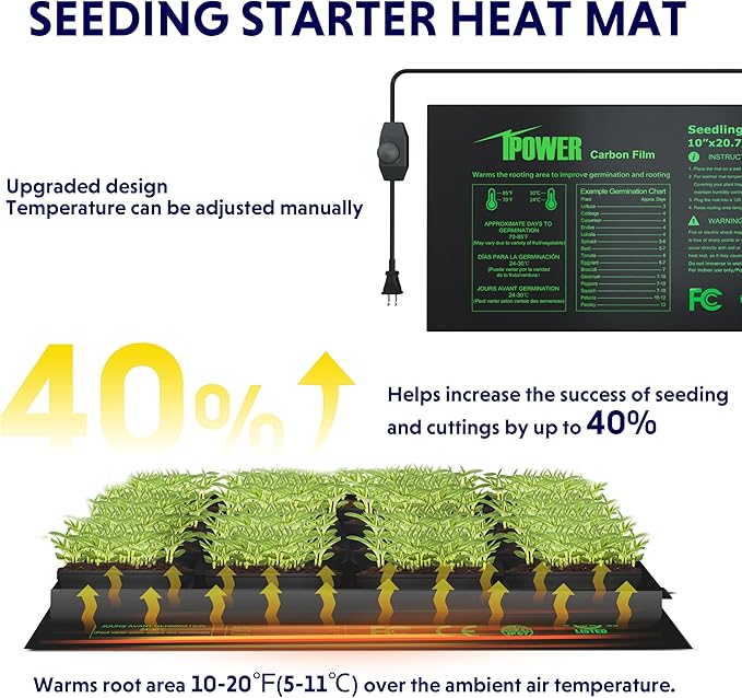 iPower 10" x 20.75" Seeding Heat Mat with Temperature Adjustable Knob and Digital Thermometer, Durable Warm Hydroponic Plant Germination Starting Pad
