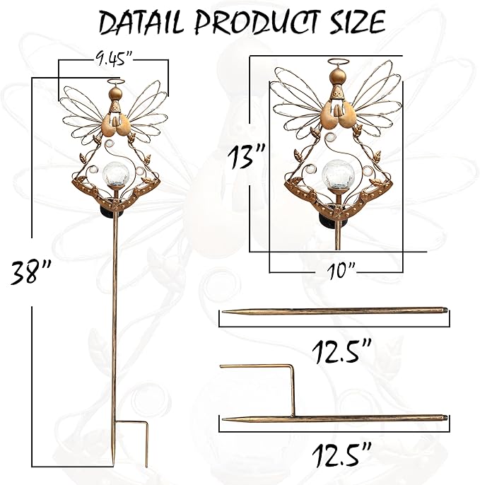 Solar Angel Outdoor Lights Garden Stake - Metal Angel Crackle Glass Ball Solar Light- Waterproof 31 White LED for Garden Lawn Patio or Courtyard Decor（Bronze）