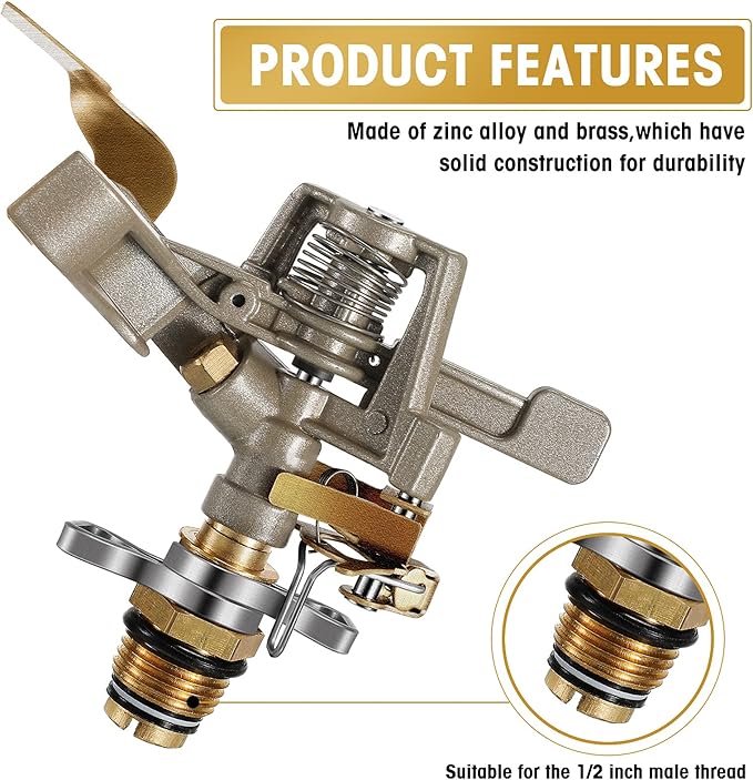 Impact Sprinkler Head Brass Pulsating Sprinkler Lawns Garden Adjustable 360 Degrees Watering Heavy Duty Sprinkler Head with Nozzles for Yard and Grass Irrigation (9 Pieces)