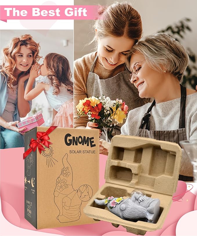 Solar Gnome Statue for Garden Decor: Outdoor Sculpture for Yard Lawn Porch Balcony Patio - Ideal Gift for Lover Mom Women Grandma