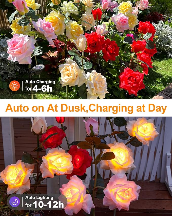 Solar Flower Lights Outdoor,Solar Garden Lights with 12 Bigger & More Realistic Flower,IP65 Waterproof Solar Powered Pathway Lights for Yard Lawn Patio Garden Decor(4Pack Rose Lights)