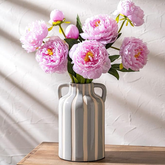 Ceramic Grey and White Checkered Stripes Vase with Handles, Hand-Painted Modern Minimalist Bohemian Floral Vases Home Decor, Cottage Core Decor, Flower Vase for Bouquet Mantle Kitchen Bookshelf 9.1 In