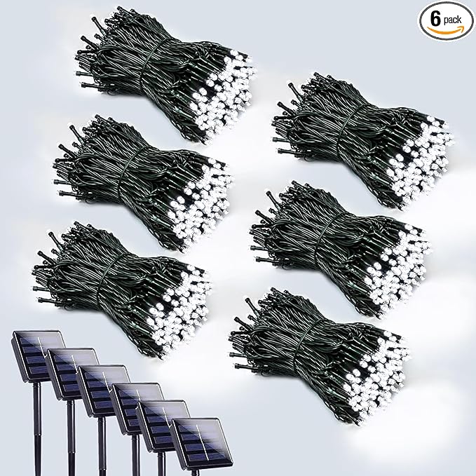 6 Pack 600 LED Solar String Lights for Outside, Solar Christmas Lights Outdoor Waterproof, Green Wire Twinkle Light with 8 Lighting Modes for Xmas Tree Wedding Party Garden Decorations (Cool White)