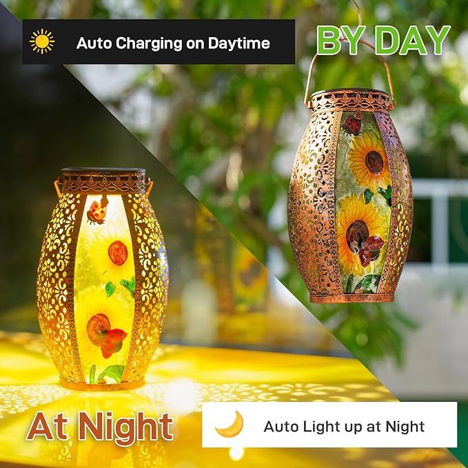 Sunflower Solar Lanterns Outdoor Waterproof,Hanging Solar Lantern with Ladybug,Outdoor Solar Lanterns with Hollowed-Out Design Metal &Glass Lantern,Solar Lights for Garden Patio Lawn Decor
