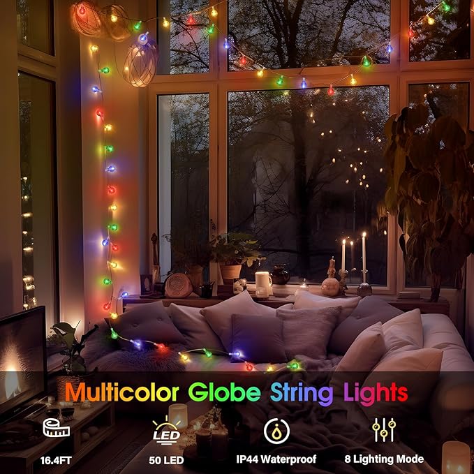 16.4ft 50LED Globe String Lights Indoor Bedroom Battery Operated, Crystal Fairy Light IP44 Waterproof Outdoor Hanging Decorative Lights for Home Tent Patio Garden Party Wedding Decor