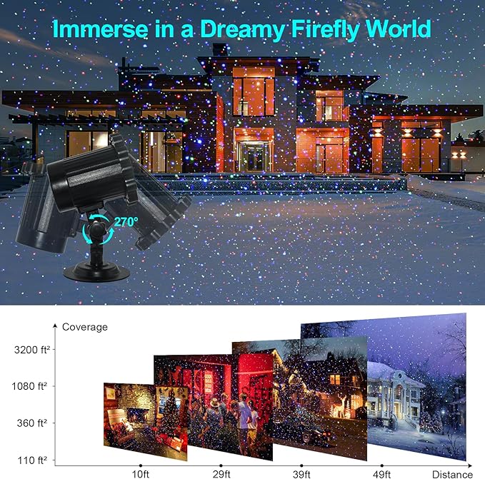 Laser Christmas Projector Lights Outdoor,Moving RGB Laser Projection Light,Firefly Light Show with RF Control,Waterproof Holiday Projector for Halloween Camping Garden Patio Decoration & Gift
