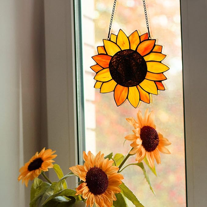 BOXCASA Sunflower Gifts Stained Glass Window Hangings,Sunflower Suncatcher Best Teacher Gifts for Women,Sunflower Decor Suncatcher for Window,Home Decor,Gift for Teacher Mother Grandma