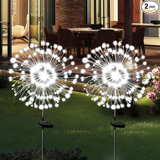 Solar Garden Lights Solar Firework Light Outdoor Waterproof 2 Pack Solar Powered Art Stake Twinkle Lights Outside Decor 180 LED Sparklers String Light for Yard Pathway Decorations (White)