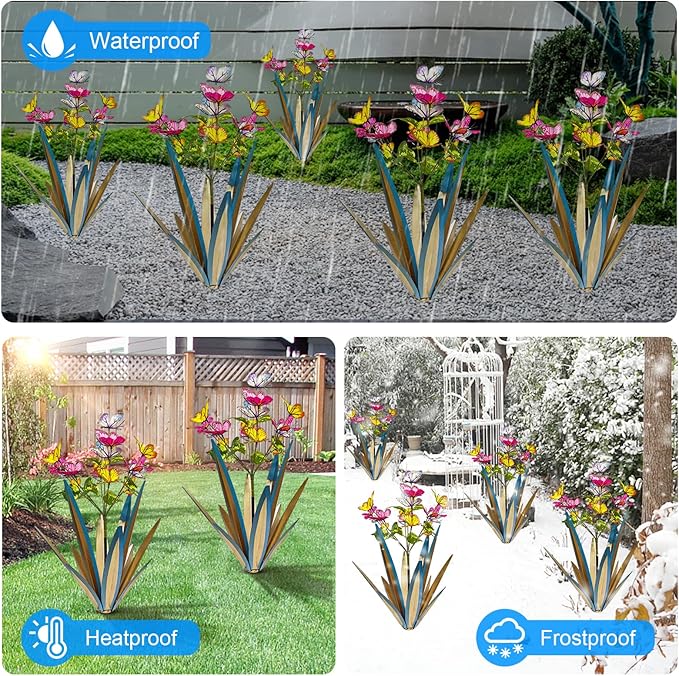 Garden Outdoor Butterfly Enlarge Thickened Wind Resistant Metal Agave Garden Art Metal Plant Country Sculpture Statue Decorations Ornaments Artificial Waterproof Butterflies(Blue 2pcs)
