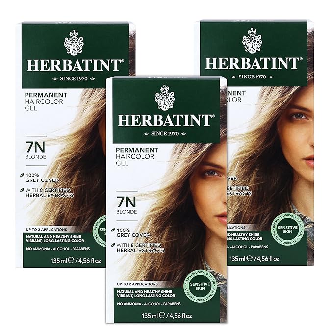 Herbatint Permanent Haircolor Gel, 7N Blonde, 100% Grey 4.56 oz (3 Pack)
