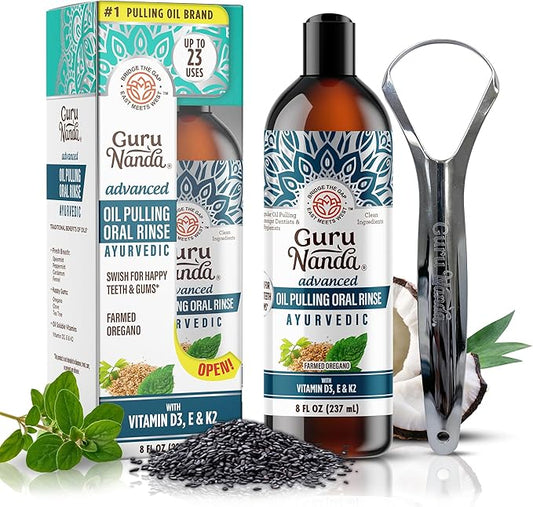 GuruNanda Advanced Oil Pulling with Tongue Scraper Gums(8 Fl