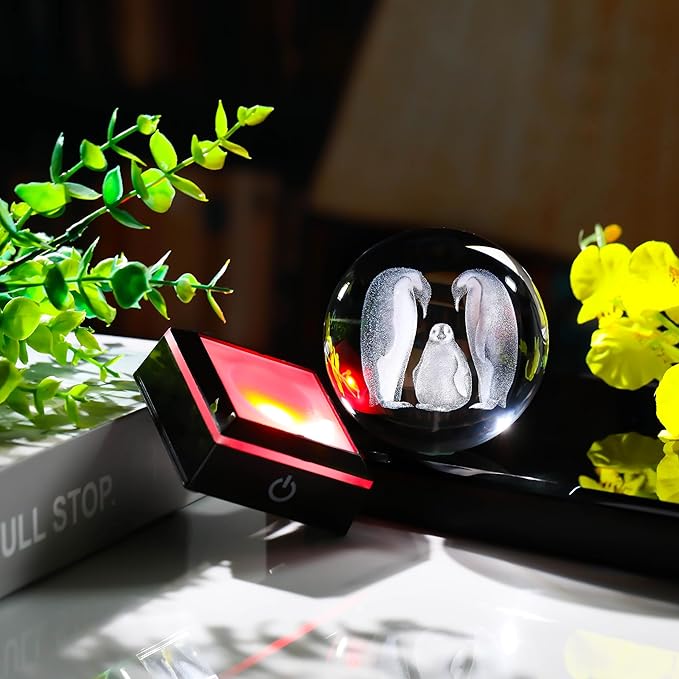 Penguin Gifts for Women 3D Crystal Ball 3.14'' - Laser Penguin Decor Glass Animals Penguin Gifts Figurines Statue Stuff for Room Decorations Penguin Night Light