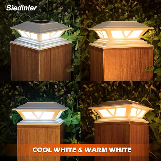 SIEDiNLAR Solar Post Lights Outdoor 2 Modes LED Fence Deck Cap Light for 4x4 5x5 6x6 Posts Garden Patio Decoration Warm White/Cool White Lighting White (6 Pack)