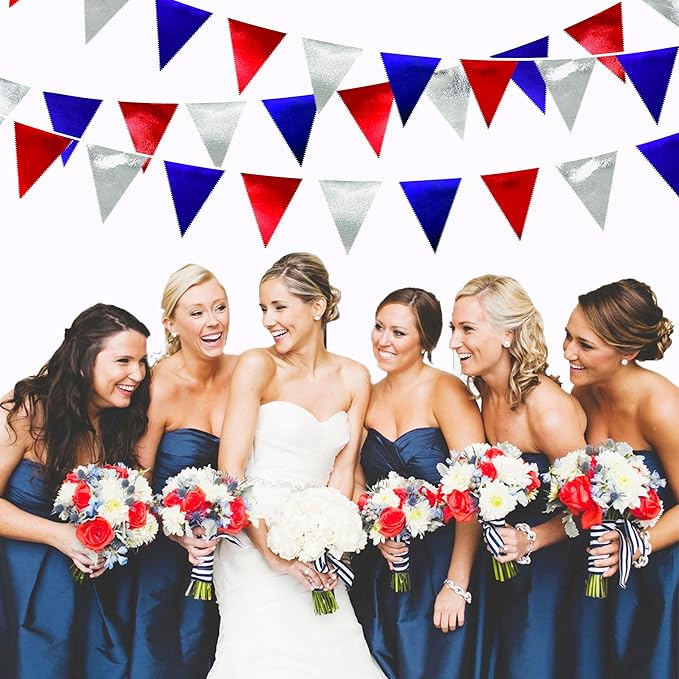 Red Blue Silver Party Decorations Metallic Fabric Triangle Pennant Banner Flag Bunting Garland for Graduations 4th of July American USA National Day Patriotic Veterans Birthday Outdoor Party Supplies