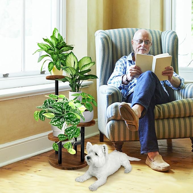 AUGOSTA 4 Tier Corner Plant Stand, Tall Metal Wood Plant Shelf Holder for Indoor, Outdoor Display Rack Flower Pot Stand for Living Room Balcony Garden Patio