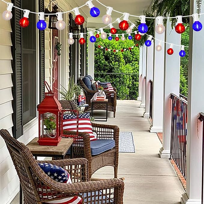 50FT G40 Red White and Blue Lights, 4th of July Decorations Lights Plug in with 50+3 LED Bulbs, Patriotic Decor Indoor Outdoor String Light for Party Patio Garden Bistro Independence Day Memorial Day