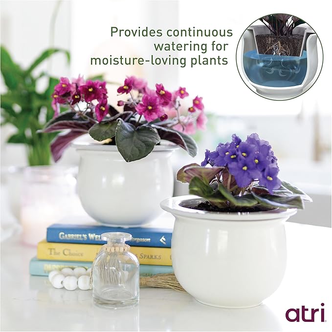 African Violet Pots Ceramic 6.5”W x 4.6”H Self Watering Planter for Indoor Flowers and Plants – White Glazed Outer Plant Pot with Highly Absorbent Inner Planter Pot for Tropical Plants