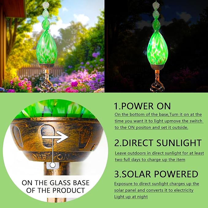 Solar Garden Lights, Decorative LED Flame Garden Stakes, Hand Blown Glass and Outdoor Waterproof Glass Stakes (Green)