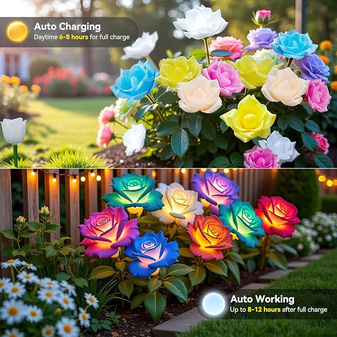 KOOPER 6 Pack Solar Lights Outdoor Garden Decor, 7 Color Changing Solar Flowers Outdoor Waterproof with 30 Bigger & Realistic Rose, Enlarged Size Panel for Patio Yard Garden Cemetery Decoration, Gifts