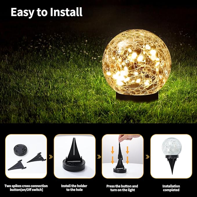 Solar Globe Lights Outdoor Waterproof-Solar Balls Garden-Cracked Glass Ball Solar Lights Outdoor-Solar Orbs Outside-Outdoor Decorations Patio & Yard Lawn Backyard Decor (GUO-XBQ-2-2-2)