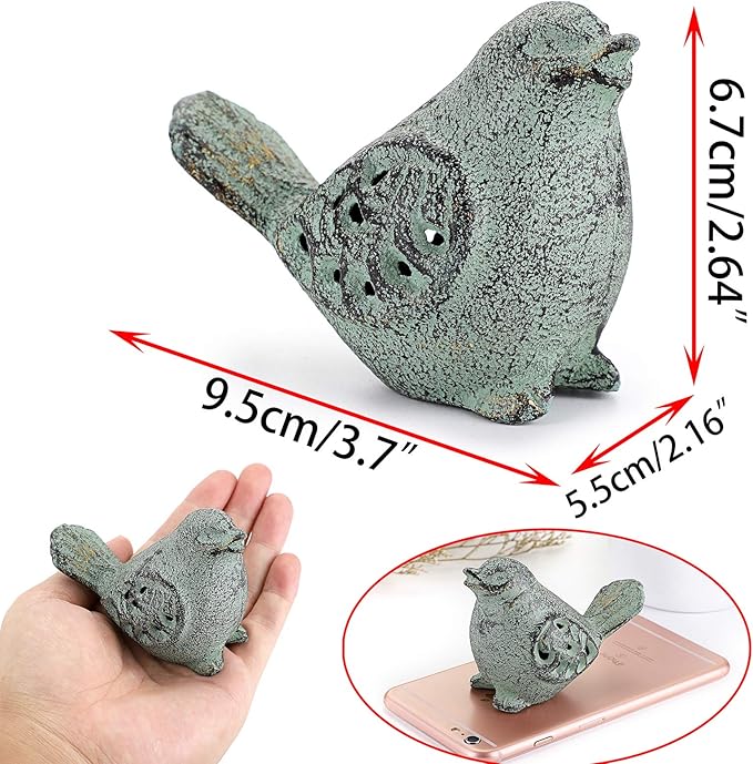OwnMy 2 Cast Iron Green Bird Sculptures Outdoor Bird Statues Hollow Carved Bird Desktop Ornaments Figurines, Decorative Creative Animal Figurine Indoor Outdoor Statues for Garden Patio Home Decor