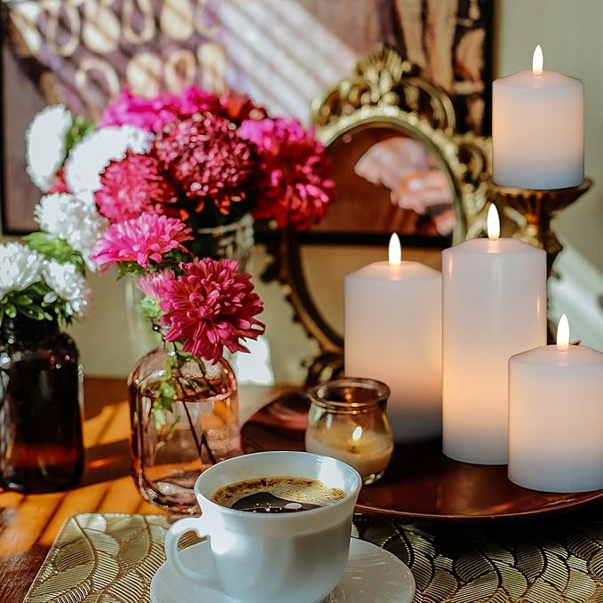 Battery Operated Flameless Candles with 3D Flickering Flame Wick, LED Pillar Candles with Remote Timer, Pack of 3 Real Wax Candles for Wedding Home Decor(White)