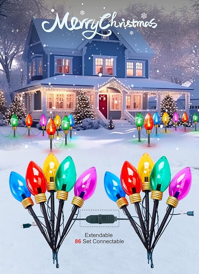 Super C9 11 Feet 5 Multicolor Jumbo C9 Pathway Lights - Colored Bulb Outdoor Christmas Light Decorations for Lawn Holiday Yard