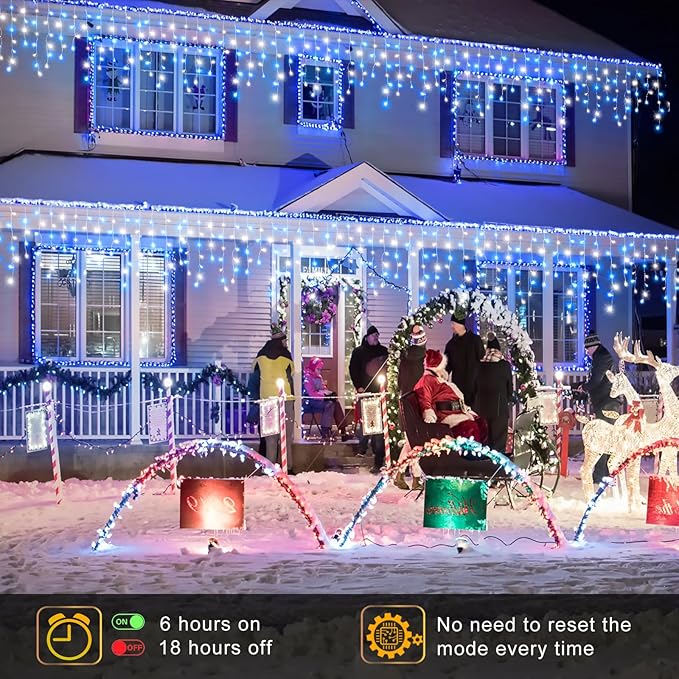 Christmas Icicle Lights Outdoor, 66Ft 640 LED Icicle Lights for Outside with 8 Modes Timers, Waterproof Plug in Twinkle String Light for Yard Eave Patio Party Holiday Decorations, Blue White
